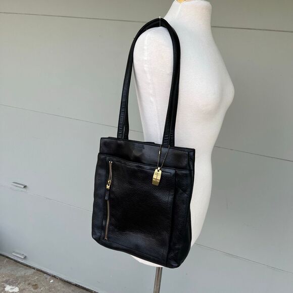 VTG Evan-Picone Black Leather Tote Bag Full Grain Brass Hang Tag Multi Pocket Pu - Picture 3 of 13